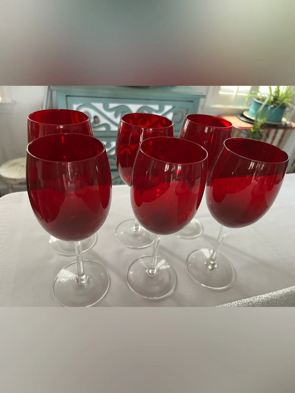 Retired Crate & Barrel Wine Glasses - Red “Tilly” design. Elegant Stemware Set